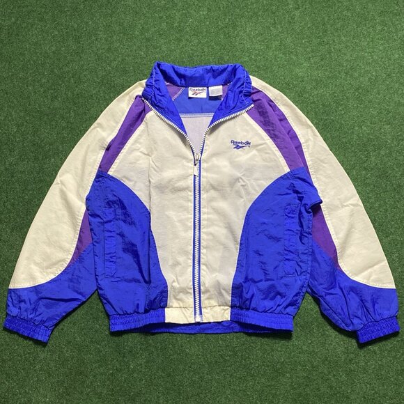 Vintage Reebok Men’s Windbreaker Small White/Blue/Purple Track Jacket - Picture 1 of 4